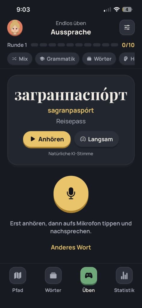 Aussprache-Training in Bili mit Anhören, Langsam und Mikrofon